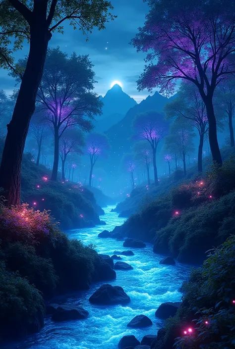 An otherworldly enchanted forest at midnight, glowing bioluminescent trees and plants illuminating the surroundings in shades of blue, purple, and neon green. A crystal-clear river flows through the dense foliage, reflecting the mesmerizing glow. Fireflies...