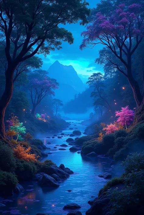 An otherworldly enchanted forest at midnight, glowing bioluminescent trees and plants illuminating the surroundings in shades of blue, purple, and neon green. A crystal-clear river flows through the dense foliage, reflecting the mesmerizing glow. Fireflies...