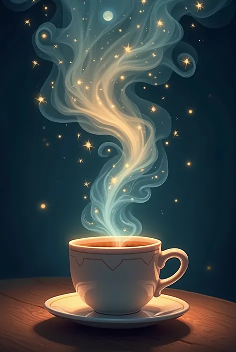  Imagine a cup of coffee or tea in the foreground ,  with the smoke coming out and forming something special . could be :
	 • A figure human or a mysterious silhouette  (a, a hand, A dancer, etc.).
	 be? • Elements of nature  (trees,  butterflies, stars,  ...