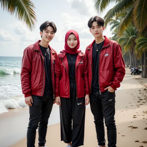  Photography realistic full body a beautiful Korean muslim woman in hijab white skinned smooth face manicured, wear a red pasmina hijab and wear a love bungga necklace wear white Nike shoes and wear a red jacket with a black t-shirt while smiling together ...