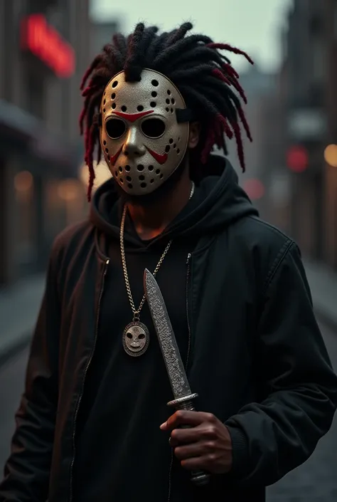 Create a 3d character of a dark-skinned black man young haired dreads fulfilled red 
With rapper-style clothes and Jason's mask the horror movie with a diamond-studded cord around the neck written panic on the pendant with a knife in the hand with blood on...