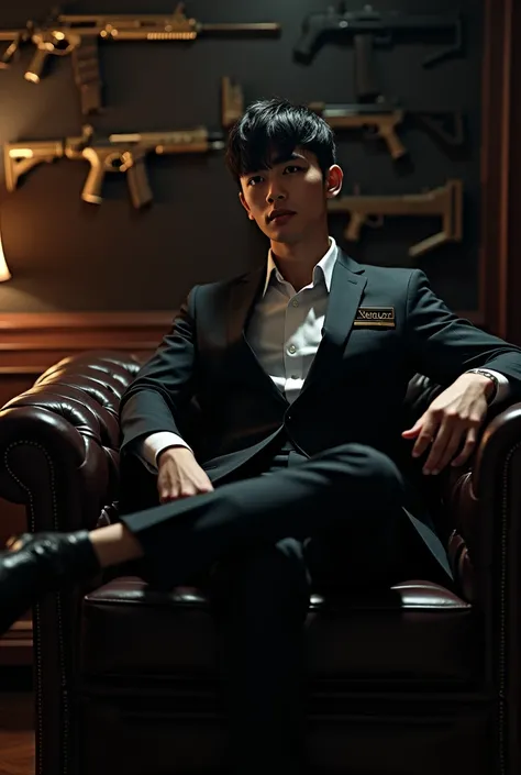 Korean mafia boss young handsome in suit name tag Napoleon suitcase armed money smoking mouth sitting on couch guns on wall