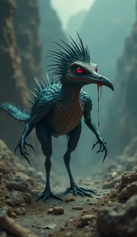 Design a terrifying hybrid creature that seamlessly blends the characteristics of a Gila monster and a roadrunner into a monstrous, nightmarish entity. The creature should have the powerful, venomous, scaly body of a Gila monster, but with the speed and ag...