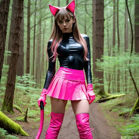  1 girl,  slim ,  pink straight long hair, zopf , Cat ears,  masterpiece ,  anatomically correct  , UHD,  Super detailed , further away , knee-high boots, long arm warmers ,  Korsett neon Pink latex, Pink pleated skirt,  realistic  , Forest,  small breasts...