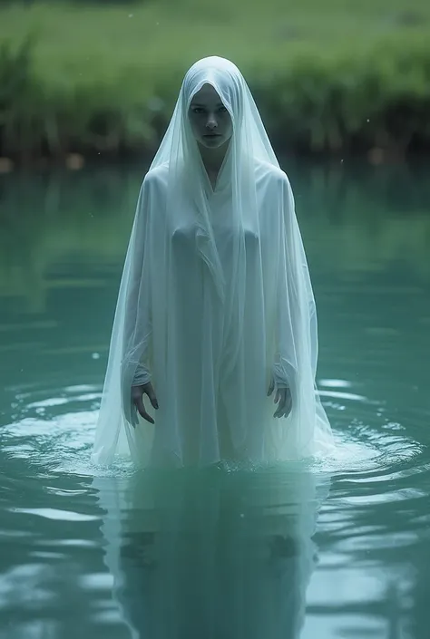  gave me a picture  : 1 leather ghost in a white tunic under the lake looking towards the grass the view is spooky and creepy