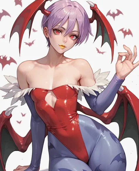 woman, light purple hair, red eyes, white skin, yellow lipstick, anime style, thin waist, big hips, demon wings, horns, vampire, bat, Lilith, dark stalkers 