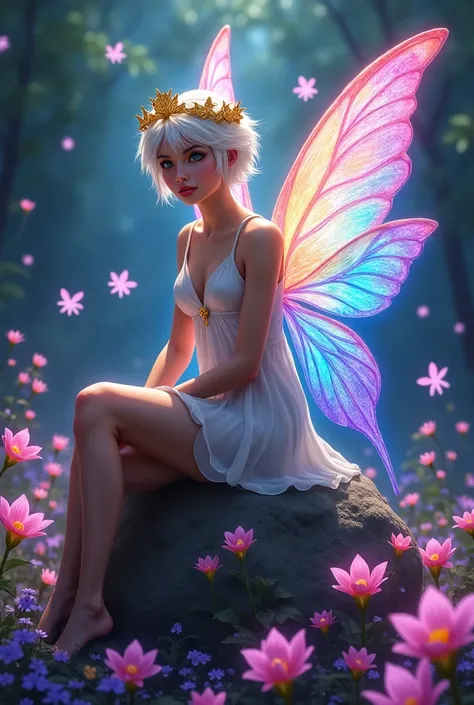 A book cover of a very beautiful female realistic fairy with short white hair sitting on a rock ,she has fairy makeup on. Laurel's wreath on her hair. There is a male Fae beside her with large wings made from fire beautiful black hair, and a gold crown, he...