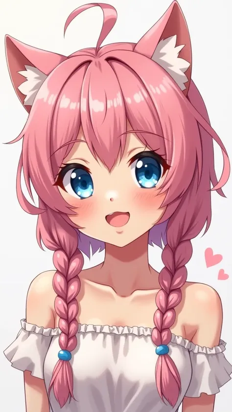  one 、 blue eyes,  smiles,  Pink Hair ,  braids, Little cat ears 、 smiles,  simple background, anime, 