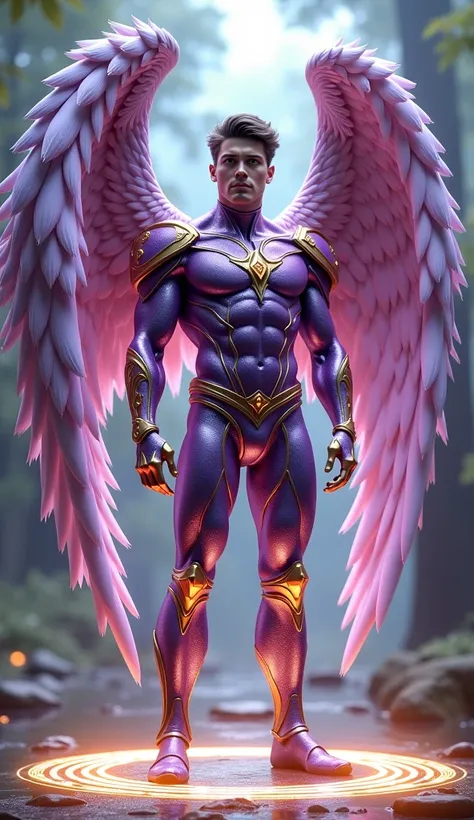  Full body photorealistic handsome hunky masculine fractal archangel .unreal engine, extremely attractive male wearing lilac amethyst and gold jewelled bodysuit, big wide massive sparkling wings extremely masculine physique, intricately detailed metal body...