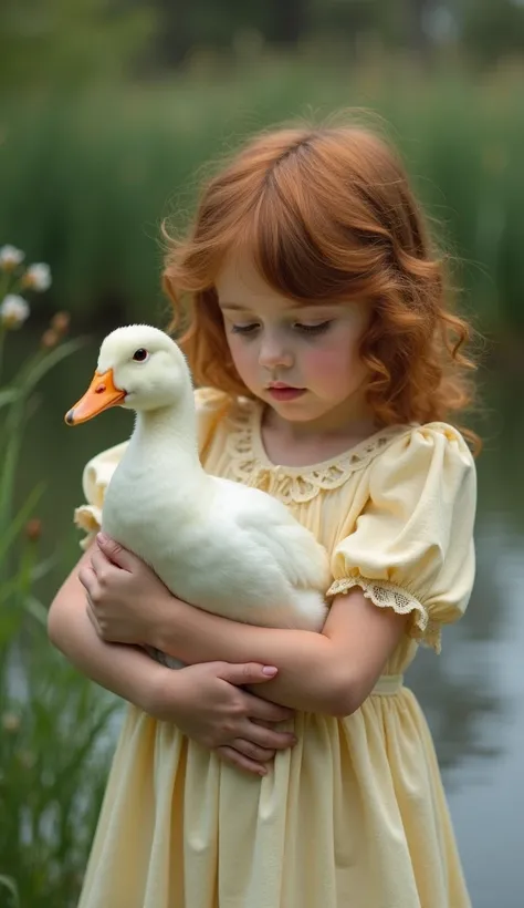 A young girl with wavy, reddish-brown hair, approximately 6-, gently cradles a light-colored duck in her arms. She wears a vintage-style, lace-trimmed dress that has a soft, pale yellow hue, adding a nostalgic charm. The girl's expression is tender and foc...