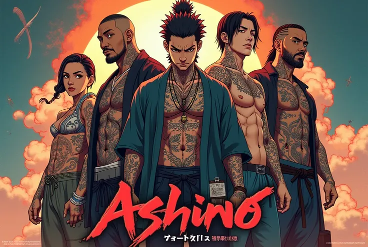 je veux un group de personnage charismatic avec des tatuage en fonds 
avec le titre: ashino shippuden next generation x en lettre Japonais. 
[date]
[DVD ]