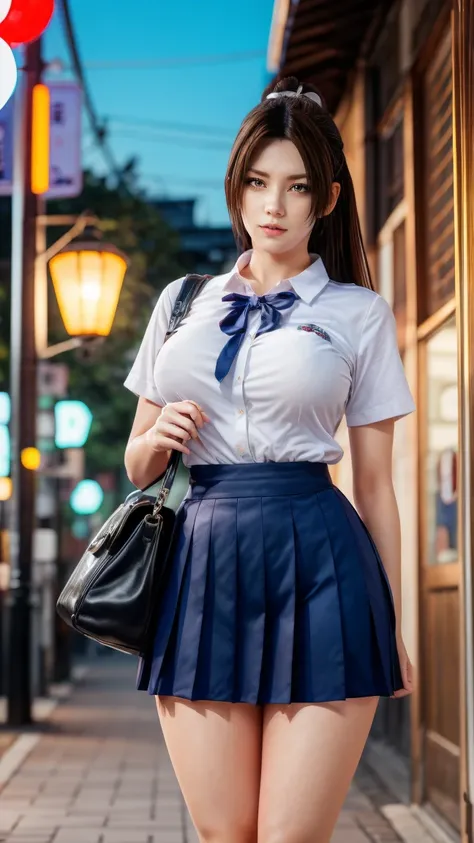 a beautiful 18 year old Japanese high school girl with perfect anatomy, healthy thighs, beautiful legs, beautiful skin, random hair color and style, large breasts, (wearing a Japanese schoolgirl uniform:1.3), (she is standing:1.2), penny loafers, holding a...