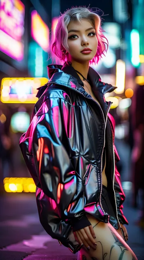 ((2 cyberpunk korean girl and korean man  wearing colorful Harajuku style pop outfit)), ((  fisheye lens  )),   cowboy shoot , comma hair and   wind ,  messy hair , Cyberpunk cityscape, (aesthetics and atmosphere:1.2), smiling, ((  cinematic lighting  ))