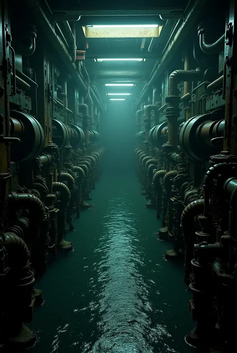 A submarine engine room, swamped , Dirty, dark and ruined 