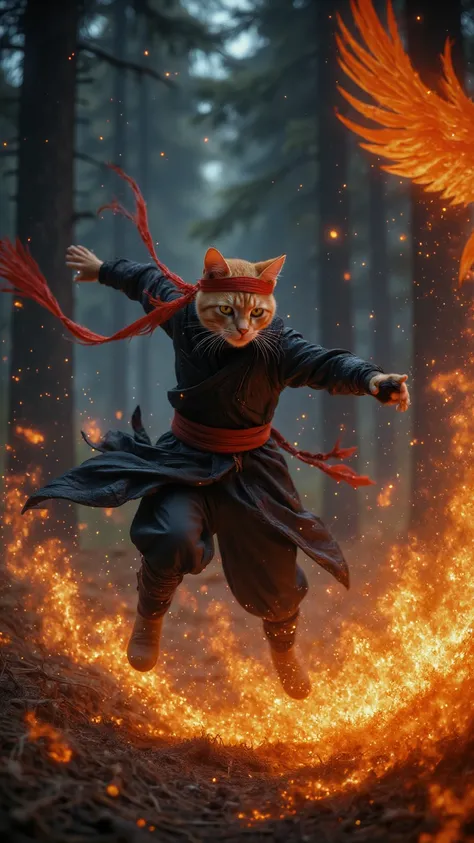 realistic movie style cue word  (Photorealistic Cinematic Style Prompt):

*“A highly detailed, photorealistic cinematic shot of an anthropomorphic orange tabby ninja cat in an intense battle against a colossal fire phoenix. The cat, dressed in a sleek blac...