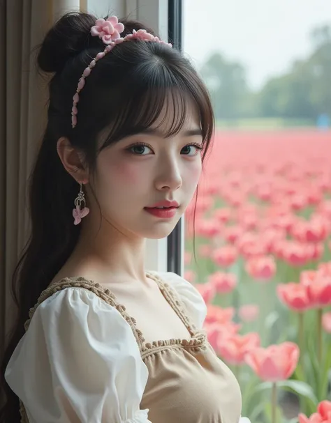 (Korean college girl with super cute big boobs is observing flowers in a beautiful tulip field:1.2)(Happy smile:1.2)(16k,  RAW photos ,  top quality,  Masterpiece: 1.2),( cute bun hair with glossy black hair )  Super Detail,  Super Resolution, (Genuine, Ge...