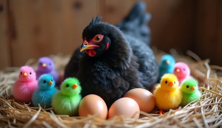 A black hen sitting in a nest made of straw, surrounded by several eggs. Around her, there are many small baby chicks in vibrant artificial colors like pink, blue, green, purple, yellow, and orange. The chicks move around, chirping and hopping near the hen...