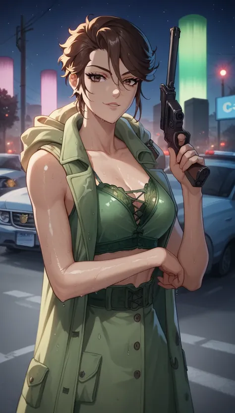 Eiko, brown eyes, sleeveless hooded coat, sleeveless, sweating, wet body, dripping water, oiled up skin, shiny skin, sexy pose, seductive, flirting, looking at viewer, sexy army green lingerie, sexy army green thong, standing, holding a gun, contrapposto, ...