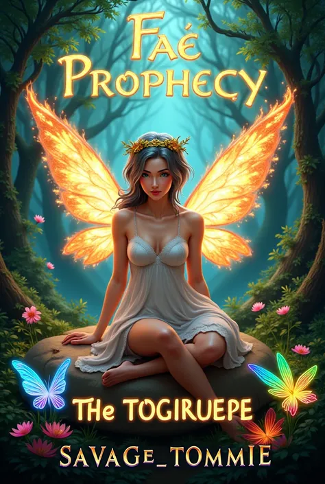 A book cover of a very beautiful female realistic fairy with short white hair sitting on a rock ,she has fairy makeup on. Laurel's wreath on her hair. There is a male Fae beside her with large wings made from fire beautiful black hair, and a gold crown, he...