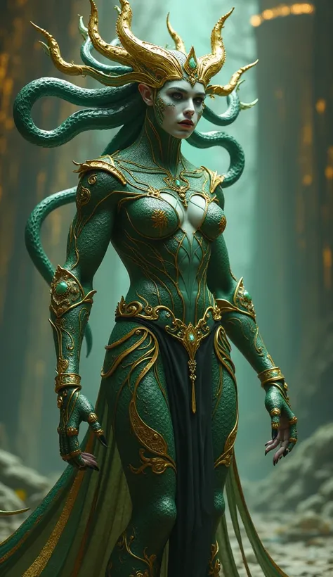  Mystical humanoid creature resembling Medusa with gold and green snake-like scales, majestic crown decorated with jewels ,  and fused body with snake tail .