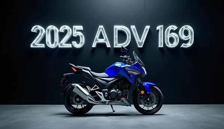 A 2025 honda AdV 160 motorcycle in a bold blue color, showcased against a sleek black wall. The wall features the text '2025 Honda ADV 169' in illuminated, bold lettering. The setting is modern, with soft, focused lighting highlighting the bike's chrome de...