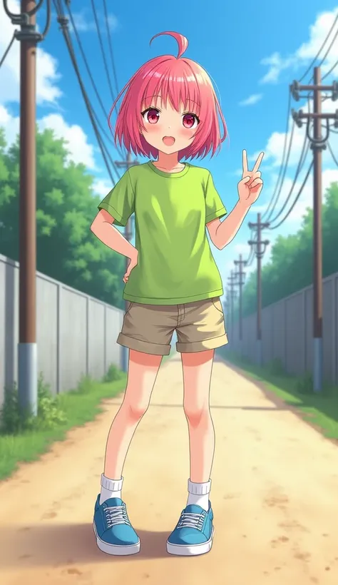  Masterpiece,  top quality,  high resolution,  very detailed,(((ピンク髪の可愛い女の子))), ((( Japanese Anime ))), ((( short hair))), (((Green T-shirt))), (((cute girl with pink hair in khaki shorts ))), (((socks))), ((( Blue Sneakers ))), (((Country town))), ((( sta...