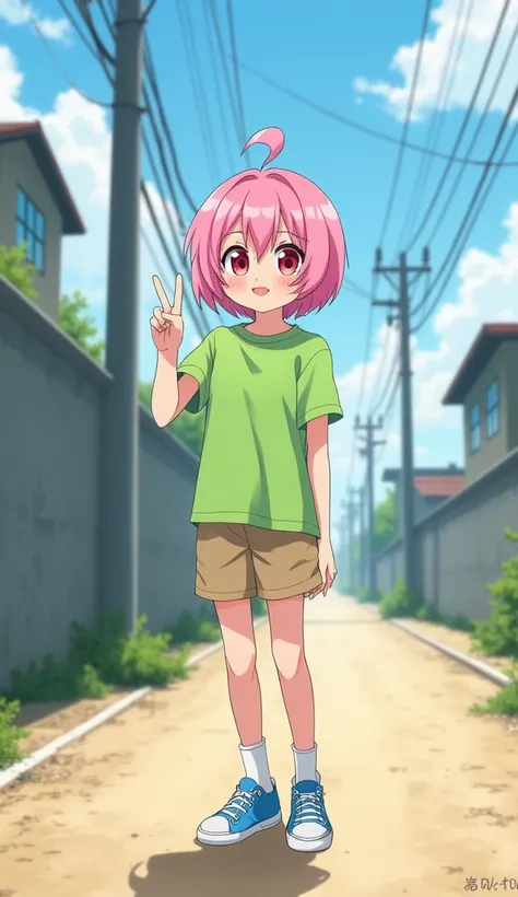  Masterpiece,  top quality,  high resolution,  very detailed,(((ピンク髪の可愛い女の子))), ((( Japanese Anime ))), ((( short hair))), (((Green T-shirt))), (((cute girl with pink hair in khaki shorts ))), (((socks))), ((( Blue Sneakers ))), (((Country town))), ((( sta...