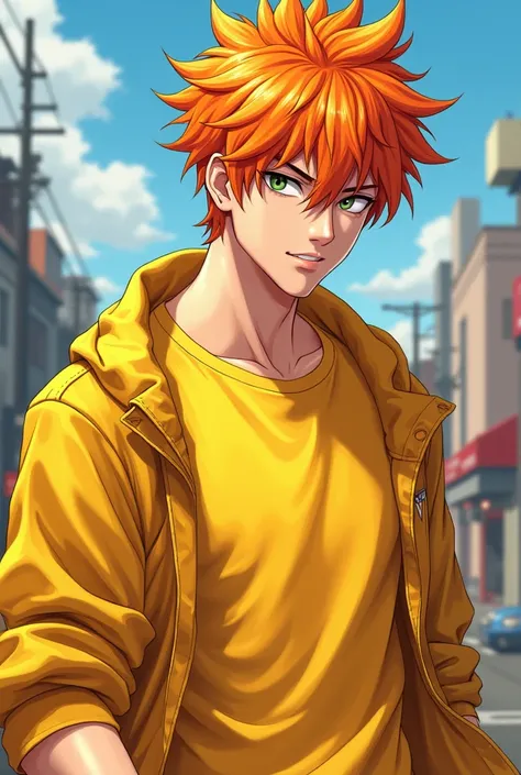 Male anime character with orange hair and yellow clothes 