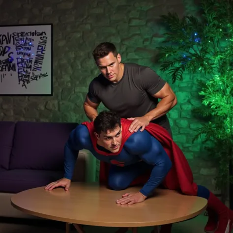 A dramatic scene featuring two men in an indoor setting with a stone wall background. The sexy bodybuilder on the left is Noah Bech, dressed in superman costume  ( Think of Superman's black undercut haircut ,  blue tights and red cape and red boots and red...