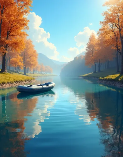 Hi! Please generate a fall nature. Lake shore, blue water. The shore should be covered with grass and partially with earth. There are trees on the sides. Blue sky with clouds and sun. There should be an inflatable boat on the lake on the left side. Realist...