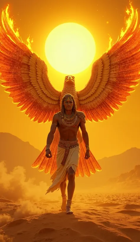 Egypt – Ra & The Solar Falcon
"In the golden sands of ancient Egypt, the mighty sun god Ra strides forward and his face should clearly visible. Beside him, separately moving of a colossal huge falcon whose face should also clearly visible, its wings ablaze...