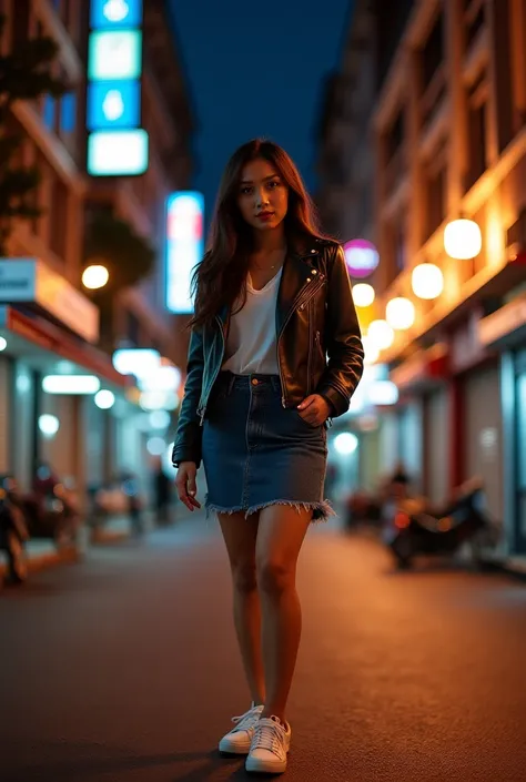 Create a realistic image of a beautiful Indonesian woman wearing a leather jacket knee-length jeans skirt and white shoes standing on an urban street at night