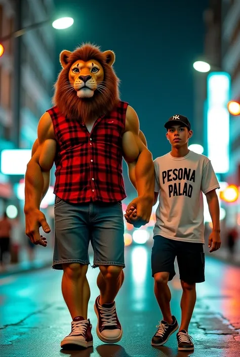 A humanoid lion with a fierce face, large body, stocky and muscular wearing a sleeveless red flannel shirt, Levis shorts and sneakers was walking with a young man, black hair, wearing a black baseball cap, white t-shirt with the words "PESONA PALAD", black...