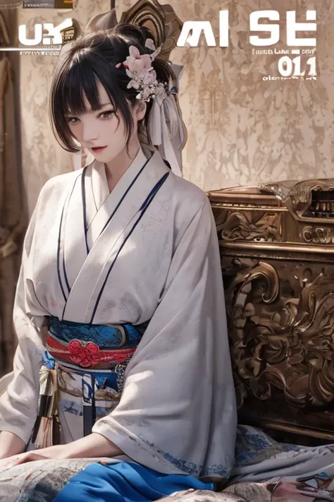 (from below:1.3,Best Quality),a girl ,kimono uniform:1.5 ,platinum color hair,Purplish  blue eyes that dreamers desire, small stature, medium tits , Lori face, (masutepiece:1.2, Best Quality), (finely detailed beautiful eye: 1.2), (beautifull detailed face...