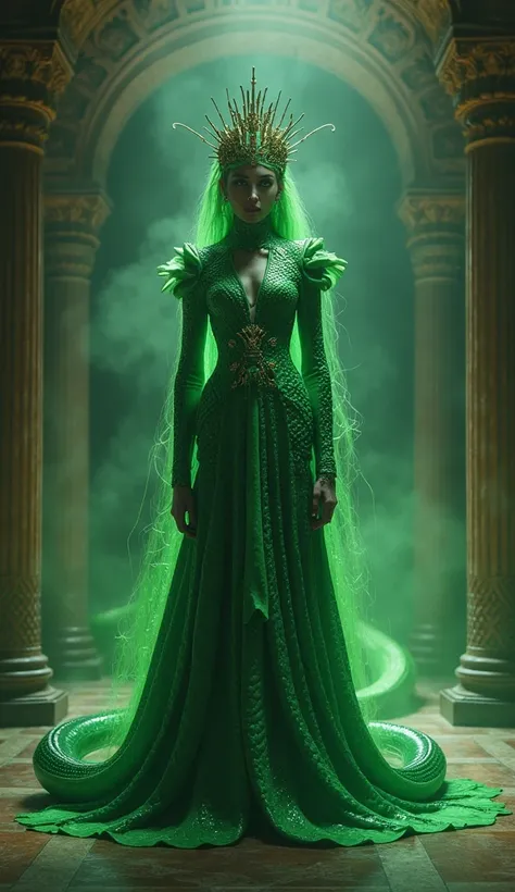 A mystical giant snake-woman hybrid queen with glowing green scales wearing a crown. She stands majestically in a magnificent ancient hall with detailed classical architecture, surrounded by a mysterious and mystical atmosphere. The creature exudes power a...