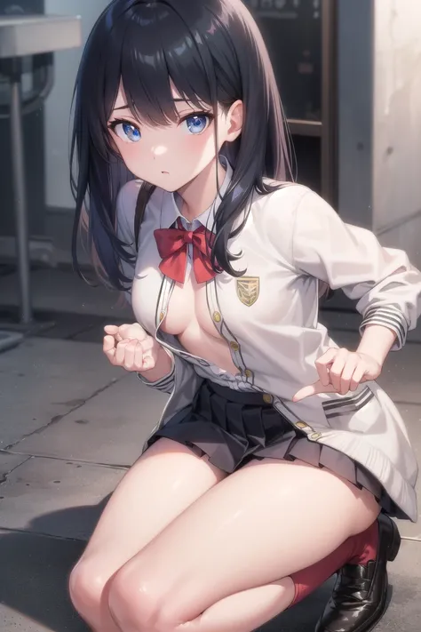 rikkatakarada,  Takarada Rikka ,   black hair,  blue eyes,  long hair,  orange scrunchy, scrunchie ,  Ristoszci , ( small boobs:1.2),
break black footwear, black  skirt, bow, bowtie, button,  cardigan with hands, collared  shirt,   Long Sleeve  , micro ski...