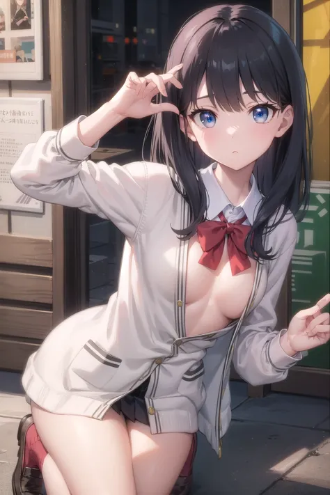 rikkatakarada,  Takarada Rikka ,   black hair,  blue eyes,  long hair,  orange scrunchy, scrunchie ,  Ristoszci , ( small boobs:1.2),
break black footwear, black  skirt, bow, bowtie, button,  cardigan with hands, collared  shirt,   Long Sleeve  , micro ski...