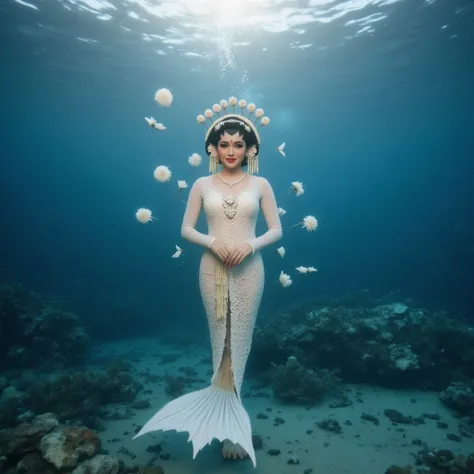 (masterpiece, best quality:1.2), 1girl, Alone, black Javanese Traditional, swim at under sea, underwater, water bubbles, flower, full body mermaid, white mermaid, white mermaid tail below waistline, scales white mermaid tail below waistline, looking at vie...