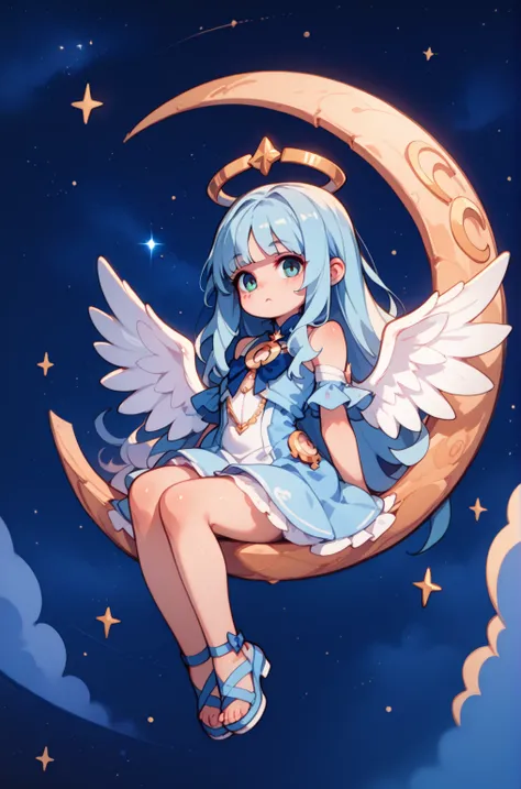  Masterpiece,  top quality,  amazing quality,   so aesthetic ,  high resolution,  Super Detail,   is ridiculous, Starry sky background、Big Crescent Moon、 1 girl( very young、Sitting on the moon)、 light blue hair(Angel、 long、straight hair big wings)