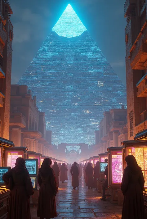 "A futuristic reimagining of ancient Egypt, with glowing pyramids powered by mysterious energy sources. Egyptian workers and scholars are seen collaborating on advanced technological projects