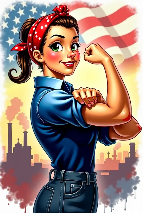 Rosie the Riveter in cartoon watercolor style 