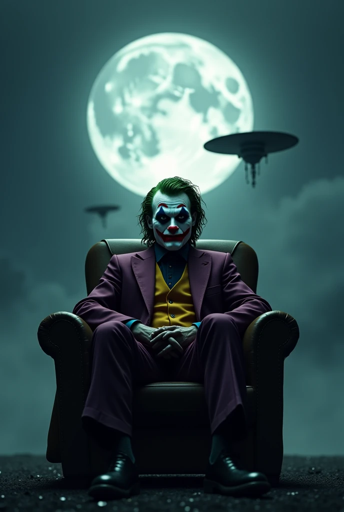 Joker sitting on a chair even in sight appears the moon and a flying disc in sight