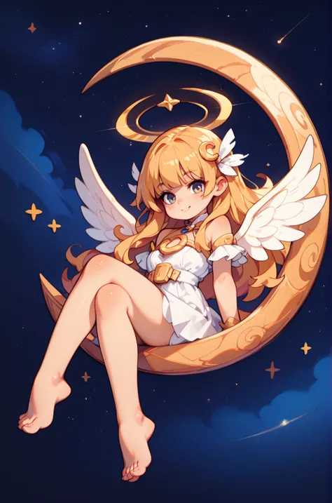  Masterpiece,  top quality,  amazing quality,   so aesthetic ,  high resolution,  Super Detail,   is ridiculous, Starry sky background、big thick crescent、 1 girl( very young、Sitting on the moon)、 Golden Hair (Angel、 long、 straight hair、Big feather)、barefoo...