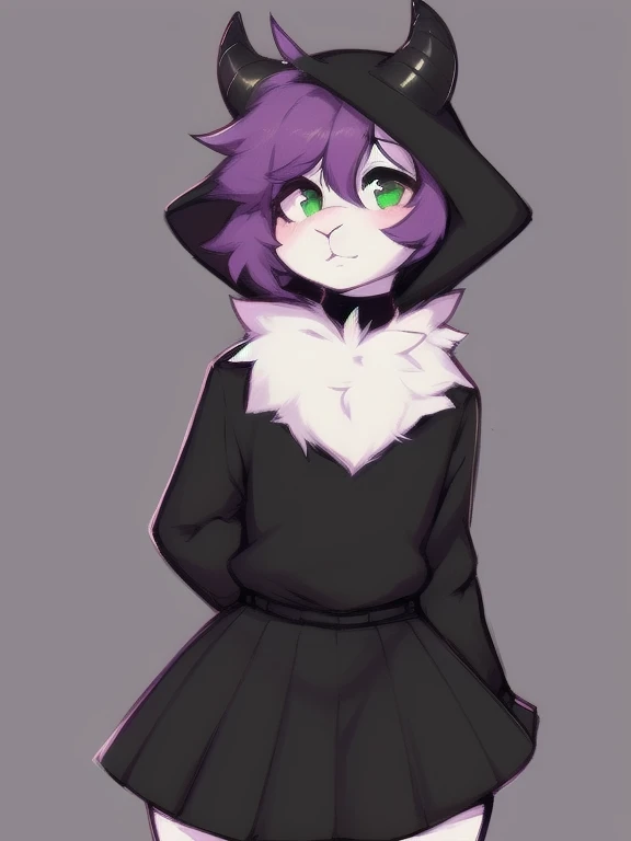 by zackary911,zackary911, ram anthro ,  1femboy black hood , One,  one character,  green eyes ,  Fluffy fur,  lamb short horns ,  tail,  flat chest,  Fluffy fur neck, black sweater , skirt,  long purple hair,  wide hips