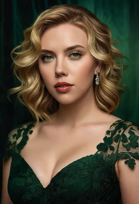 A highly realistic portrait of a woman resembling Scarlett Johansson. She has piercing green eyes, soft golden-blonde hair styled in soft waves, and bold dark makeup that accentuates her stunning features. She is wearing a deep forest green party dress wit...