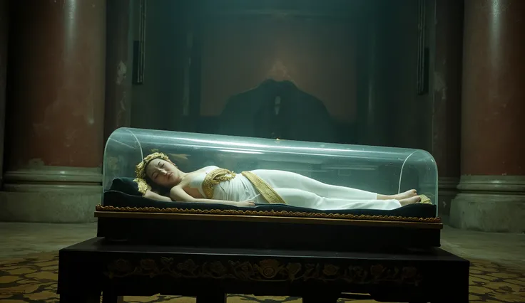 thai woman, 30 years,beautiful, wearing ancient princess dresses, not wearing a shirt, , sleeping in a glass coffin, resting on a ceremonial pedestal.,Inside an ancient Asian castle, , movie picture style