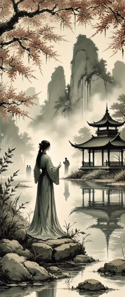 Intricate and detailed, Black and white lineart (Chinese ink art style) aesthetically pleasing cinematic composition, a serene and stunning artwork, A beautiful, serene landscape along a river during the Qingming lantern festival at night, happy and joyful...