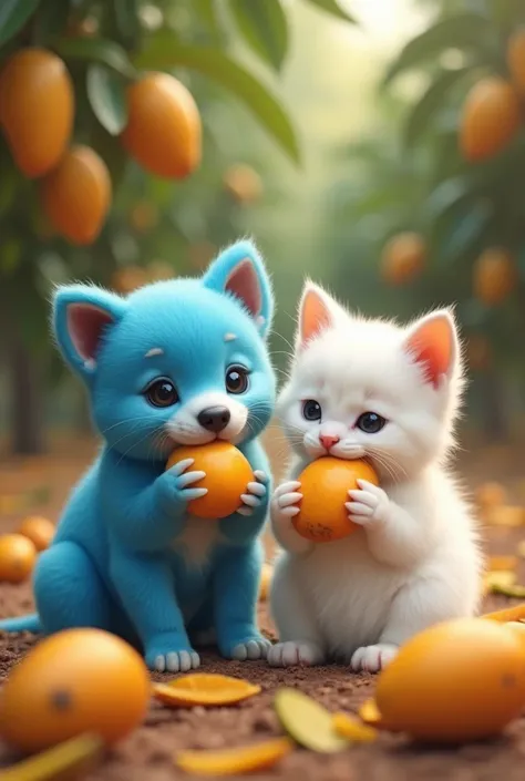 . A blue dog with a fat white kitten who is socializing as friends eating mangoes, the background shows a mango orchard.. The picture looks original and does not blur and does not write anything and the result 4k .