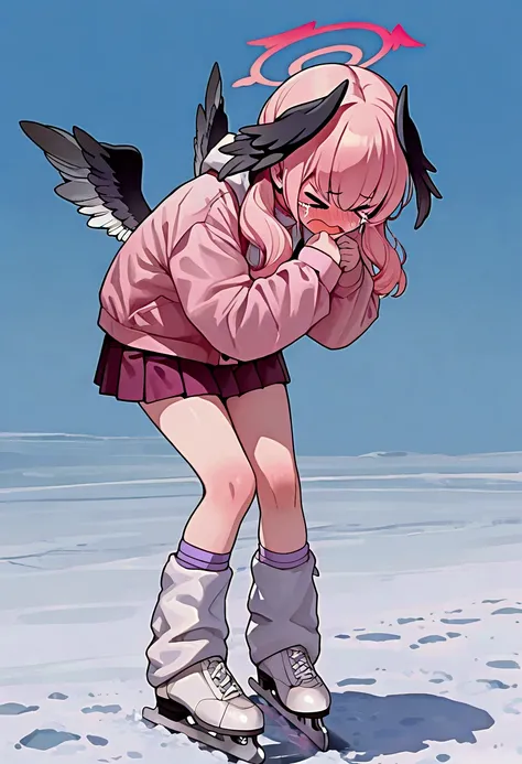 masterpiece, absurdres, newest, very awa, 1girl, [standing], solo, koharu \(blue archive\), > <, full body, pink jacket, pleated skirt, black skirt, tucked shirt, lag warmers, winter clothes, ice skates, black wings, blush, facing down, open mouth, crying