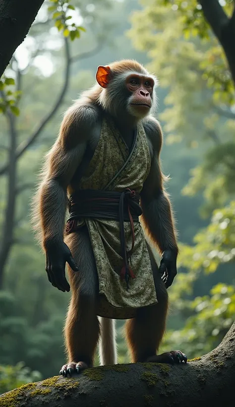    Big monkey beast man  、   like humans   、 Standing on a tree branch with two legs、  Beastman the monkey wearing a man's kimono 、   standing on t、 looking into the distance、Genuine 、    Details、    photos、    high resolution、    high quality、    HD、8k